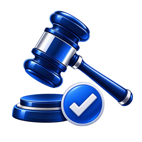 Blue auction gavel with a confirmation check